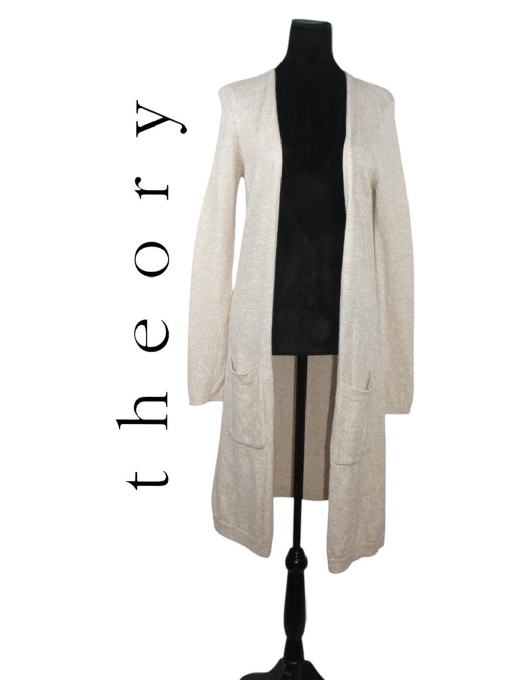 Theory Beige Knit Long  Open Cardigan with Front Pockets Size Small
